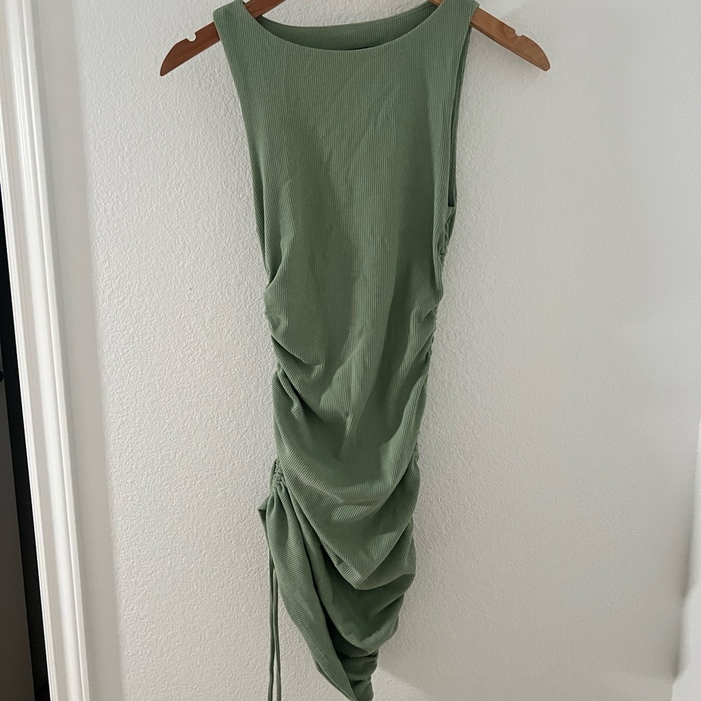 Lulu's Over and Over Sage Green Ribbed Drawstring Ruched Bodycon Dress - Picture 6 of 7